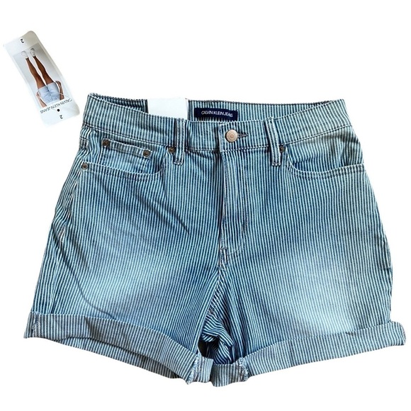 Calvin Klein Railroad Stripes Rolled Cuff Denim Shorts Size 2 NWT - Picture 1 of 13
